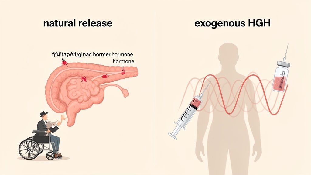 Visual comparison of the body's natural hormone release and exogenous HGH administered via injection.