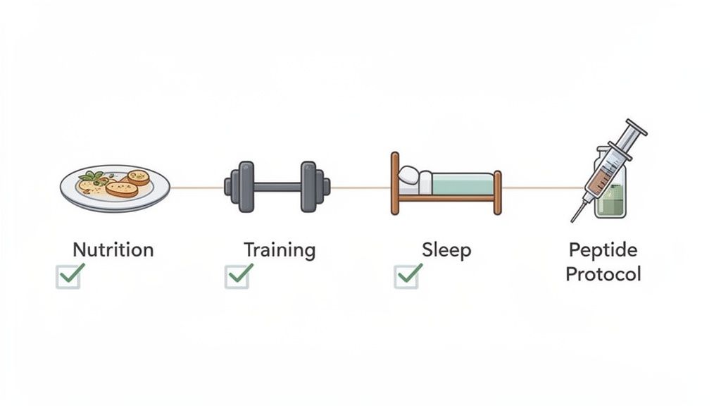 An illustration of a wellness protocol featuring nutrition, training, sleep, and peptide therapy.