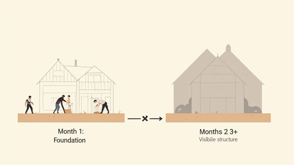 Illustration showing a house being built, from foundation work in month 1 to visible structure by month 2.