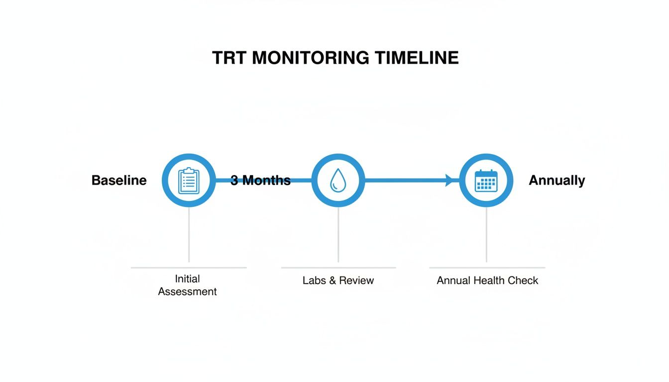 TRT monitoring timeline with initial assessment, labs, and annual health check stages.