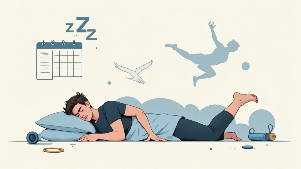 A man sleeping peacefully on pillows with Zzz symbols, dreaming of playing soccer, beside a calendar.