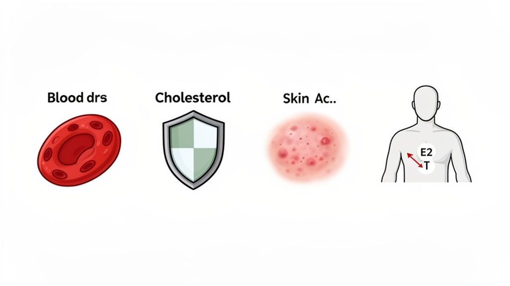 Illustrations showing a red blood cell, cholesterol shield, skin acne, and E2/T hormone balance.