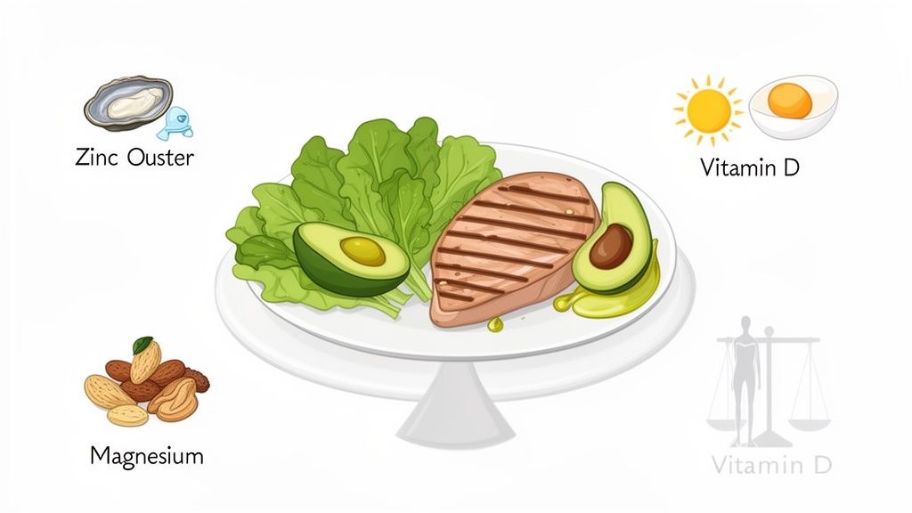 A healthy meal with grilled chicken, avocado, and lettuce, surrounded by zinc, magnesium, and vitamin D sources.