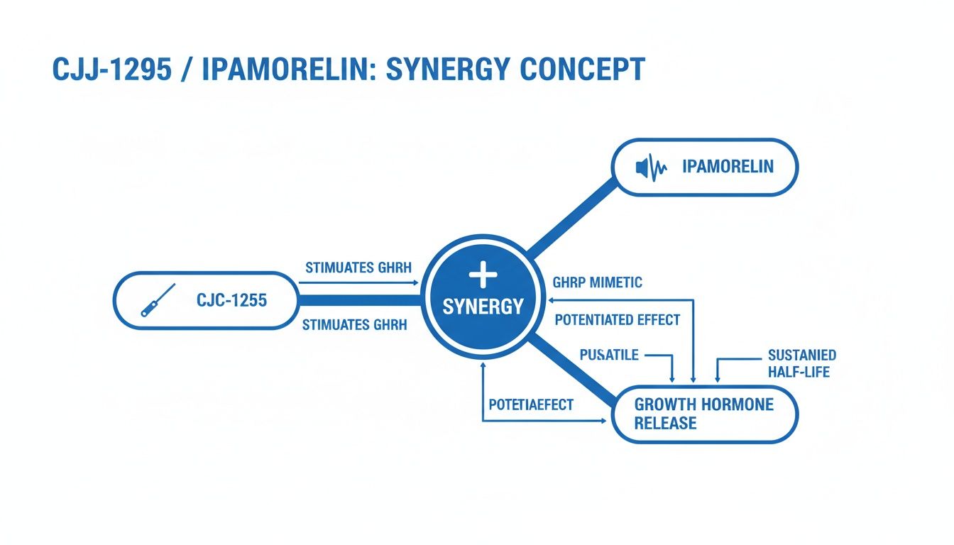 Diagram illustrating the synergy concept of CJC-1299 / Ipamorelin leading to growth hormone release.