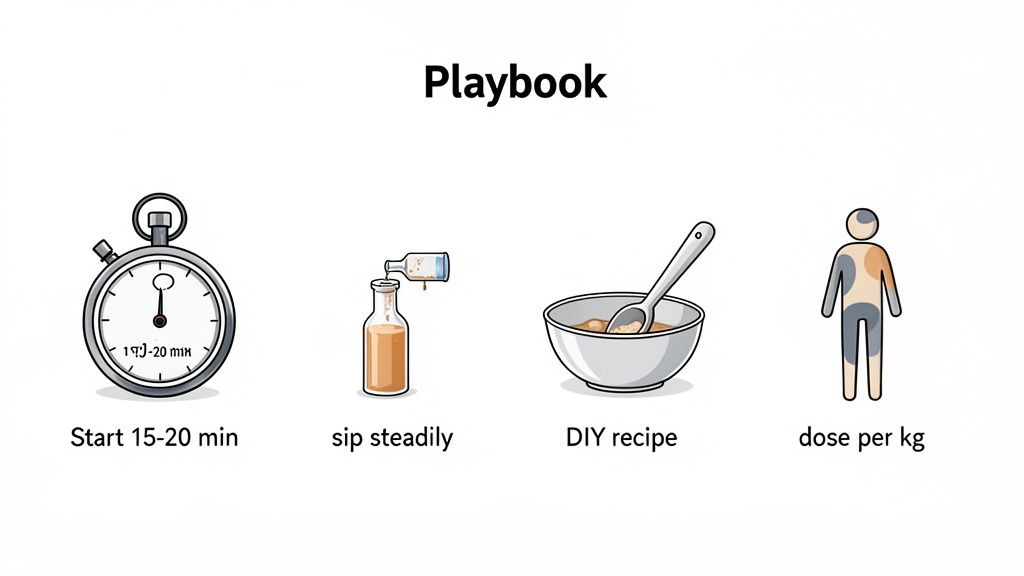 A visual playbook illustrating four steps for consumption: start time, steady sipping, DIY recipe, and dosage.