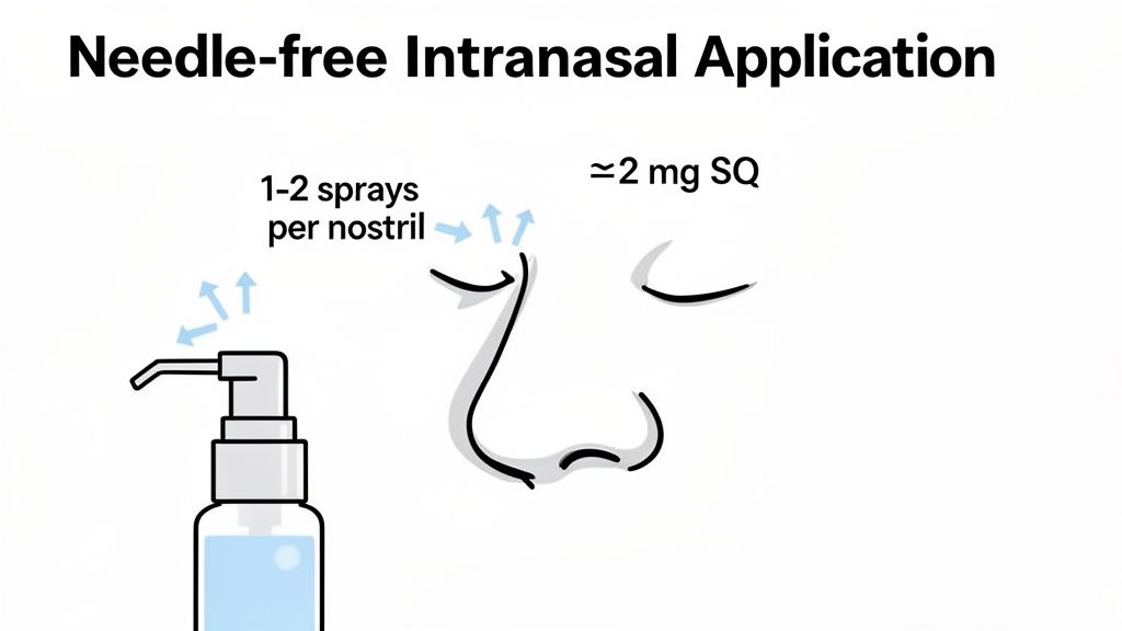 Diagram illustrating needle-free intranasal application via a spray bottle, showing 1-2 sprays per nostril.