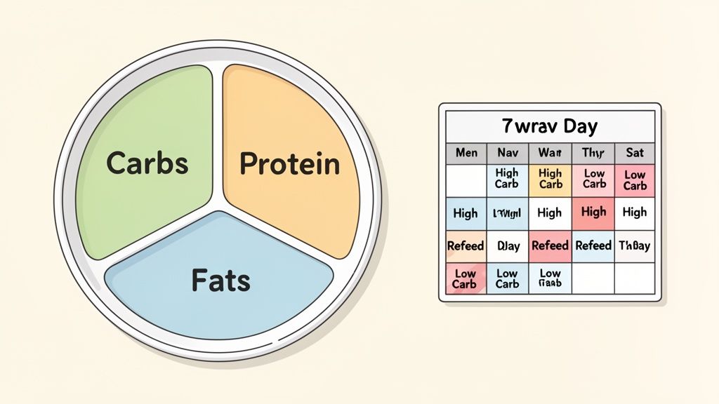 A plate divided into carbs, protein, and fats, next to a weekly carb cycling diet plan.