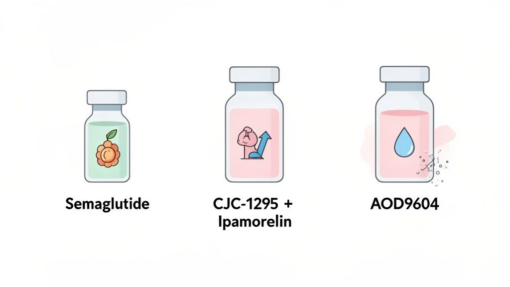 Three distinct medical vials are labeled Semaglutide, CJC-1295 + Ipamorelin, and AOD9604, representing different peptides.