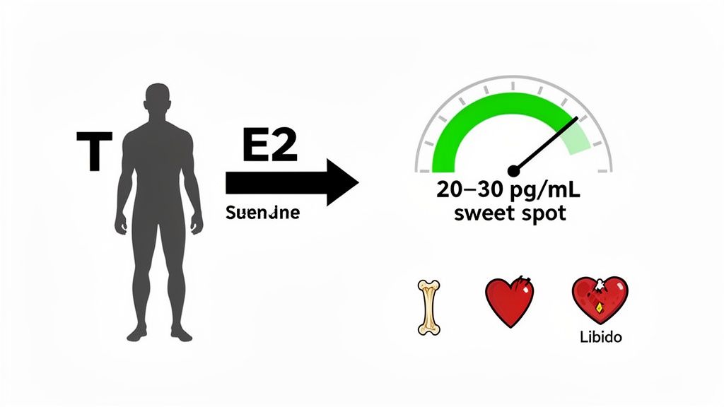 Diagram: Testosterone converts to optimal estradiol (E2) via aromatase, showing 20-30 pg/mL sweet spot for health.