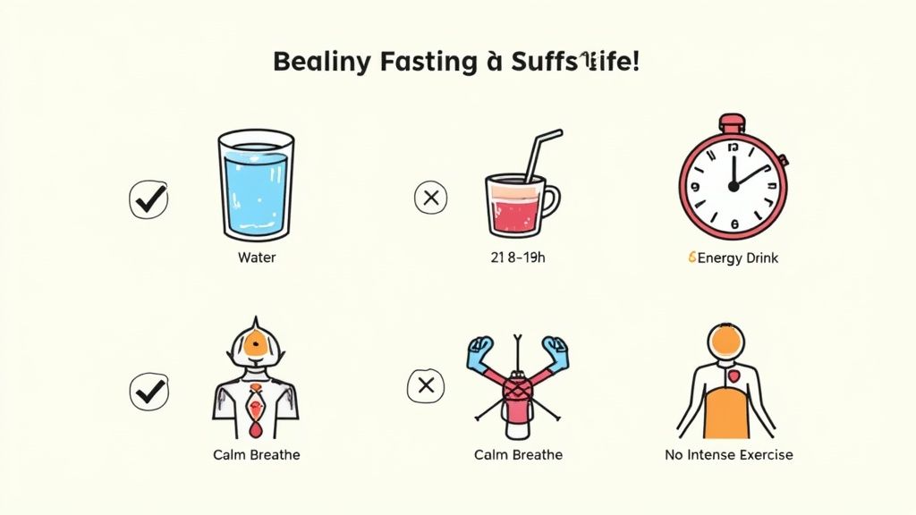 An infographic illustrating dos and don'ts for Bealiny fasting, including water, calm breathing, and avoiding sugary drinks or intense exercise.