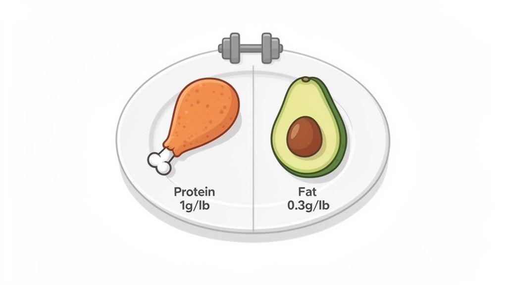 A plate showing a chicken drumstick for protein (1g/lb) and an avocado for fat (0.3g/lb) with a dumbbell.