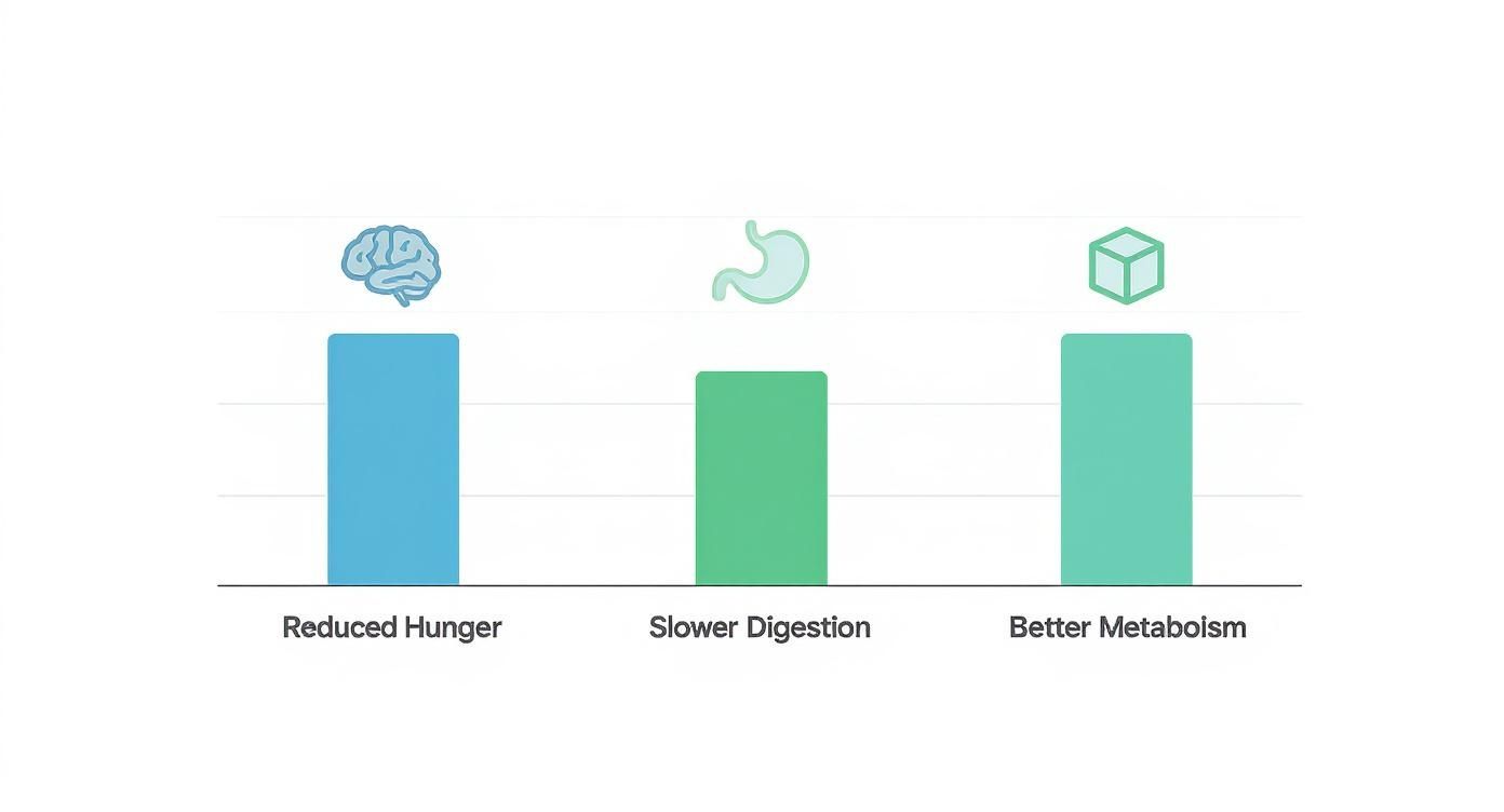 A bar chart illustrating benefits like reduced hunger, slower digestion, and better metabolism with icons.
