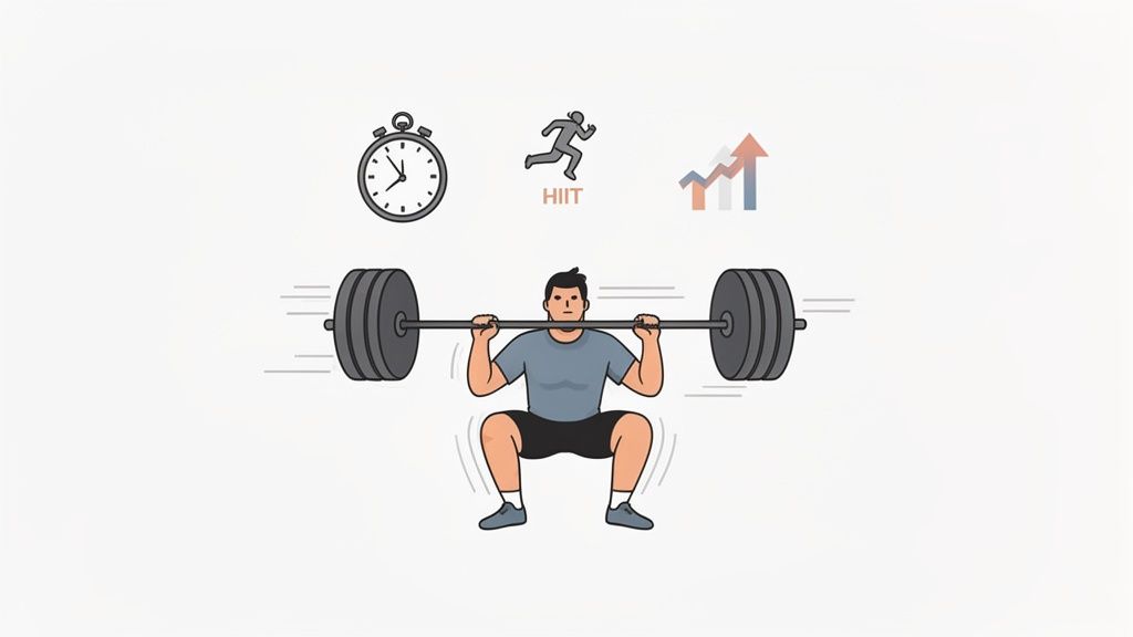 A fitness illustration showing a man squatting with a barbell, surrounded by icons for HIIT, timing, and progress.