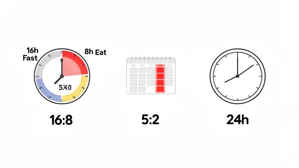 An image showing three common intermittent fasting methods: 16:8, 5:2, and 24-hour fasts.