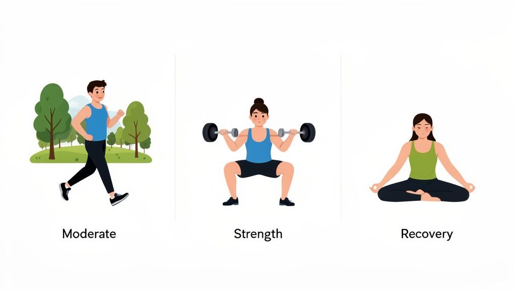 Three illustrations depicting moderate cardio, strength training, and recovery activities like yoga.