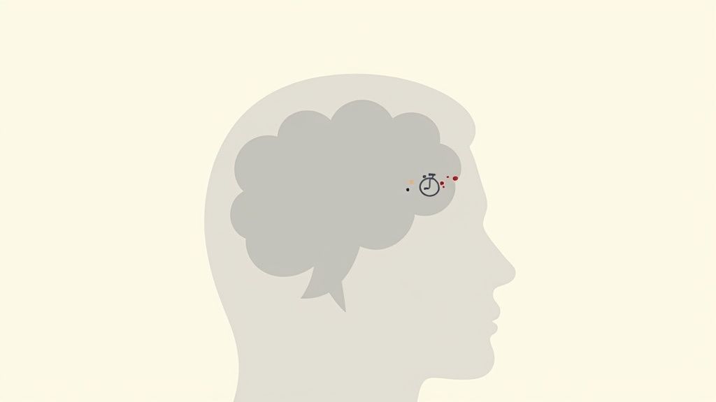 A profile silhouette of a human head showing a brain with a stopwatch icon and colored dots.
