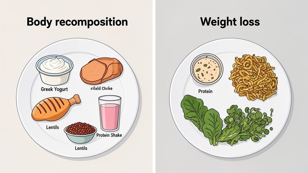Illustrated comparison of meal plates for body recomposition and weight loss, showing different food options.