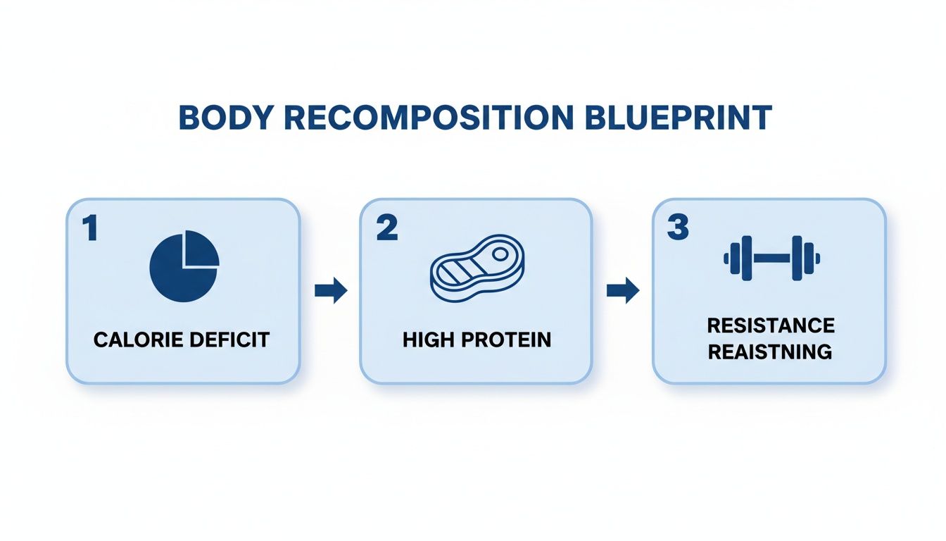 Infographic illustrating the body recomposition blueprint with three steps: calorie deficit, high protein, and resistance training.