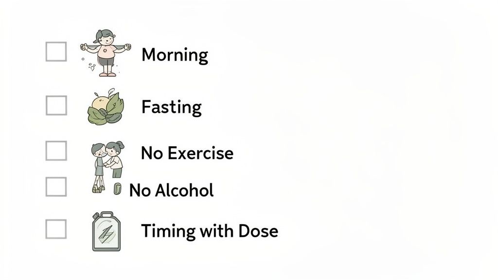 A checklist outlining five conditions for a test: morning, fasting, no exercise, no alcohol, and timing with dose.