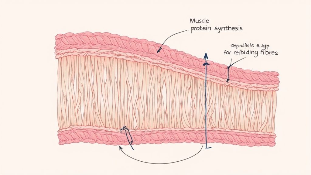 Diagram illustrating muscle protein synthesis and fibre refolding, showing tissue layers and arrows.