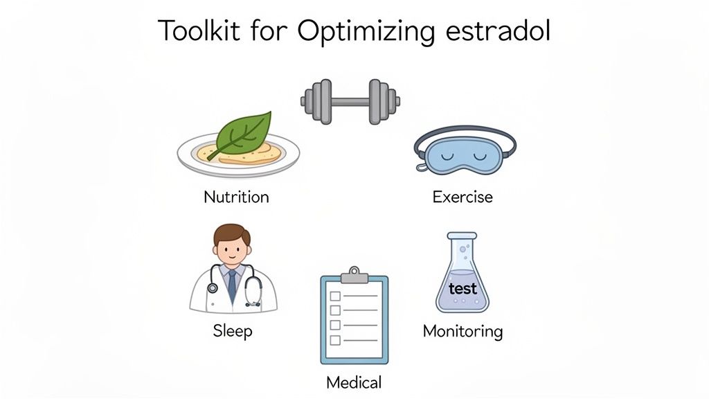 An infographic toolkit for optimizing estradiol, featuring icons for nutrition, exercise, sleep, medical, and monitoring.