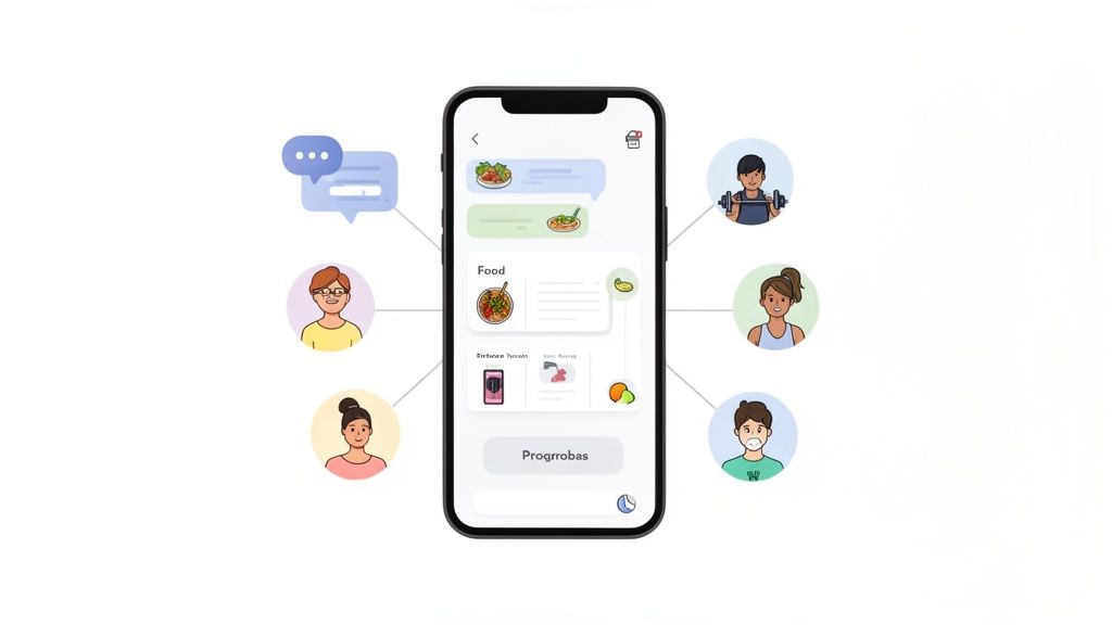 An illustration of a health and fitness app on a phone, with diverse connected user profiles around it.