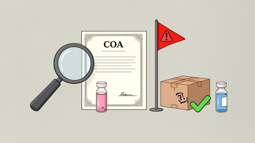 A magnifying glass, COA document, vials, warning flag, and package symbolize product inspection and quality control.