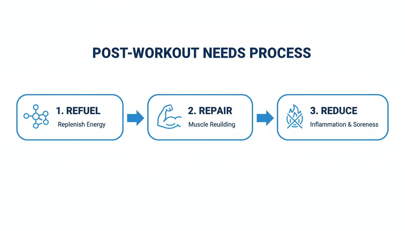 Diagram showing the 3-step post-workout needs process: Refuel, Repair, and Reduce inflammation.