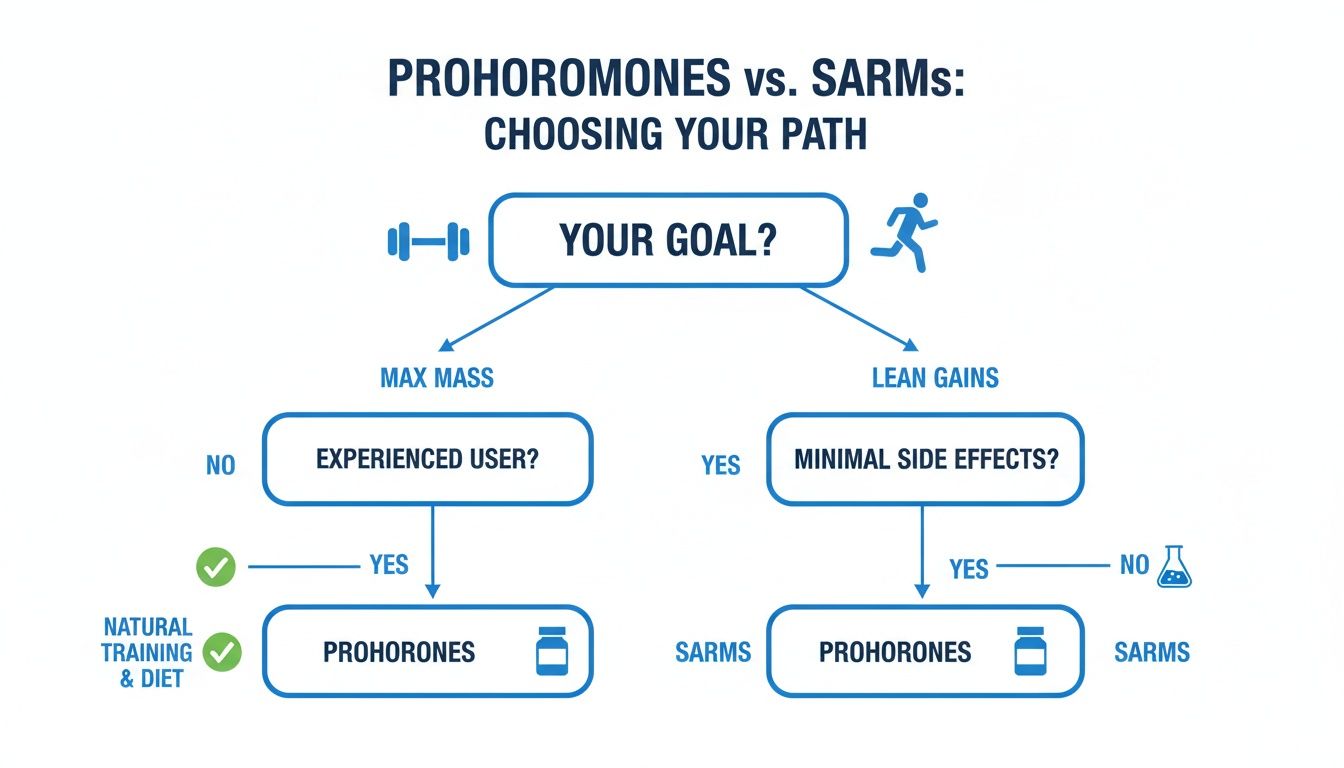 Flowchart guiding the choice between prohormones, SARMs, or natural training based on fitness goals.