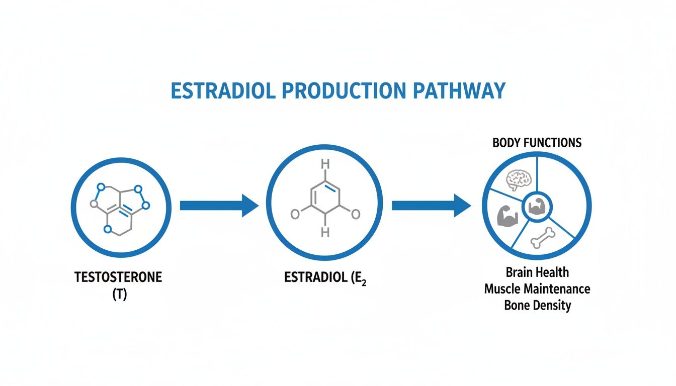 Diagram illustrating the estradiol production pathway from testosterone to body functions like brain, muscle, and bone density.