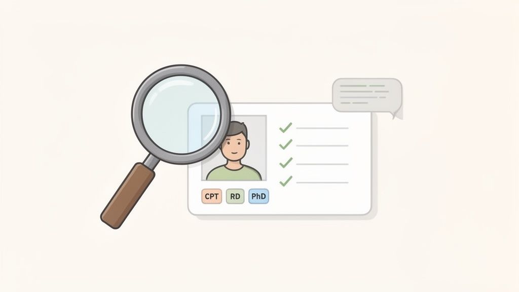 Magnifying glass over a professional profile card with a man's photo, checkmarks, and certifications.