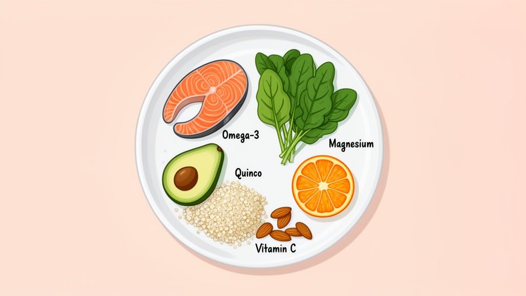 A white plate displaying salmon, spinach, avocado, quinoa, almonds, and an orange slice, with nutrient labels.
