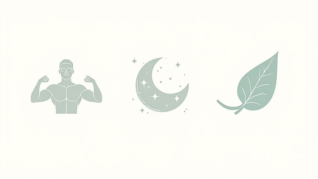 Three light green icons: a flexing muscular man, a crescent moon with stars, and a single leaf.