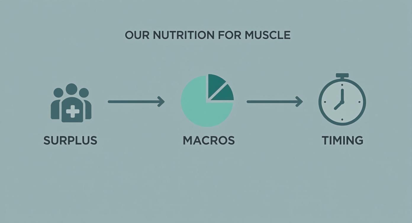 Infographic outlining key nutrition principles for muscle gain: caloric surplus, macronutrients, and timing.
