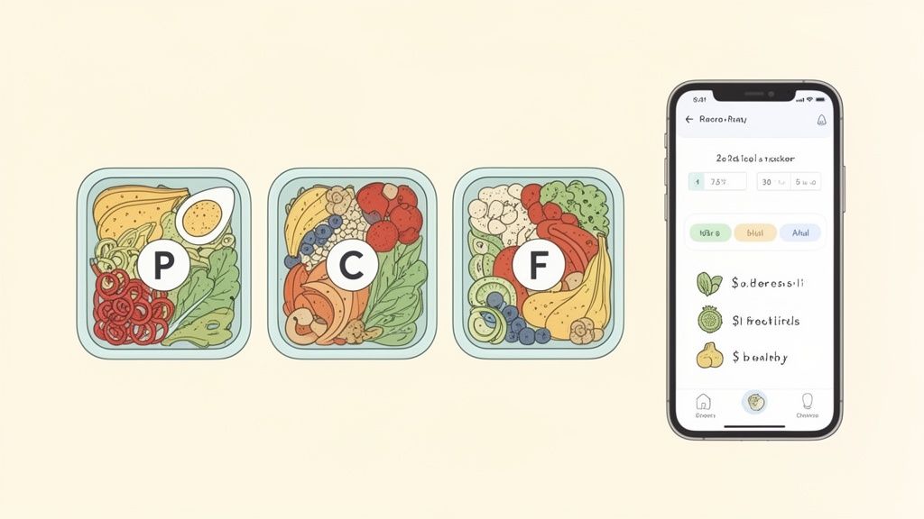 Three meal prep containers labeled P, C, F for protein, carbs, and fats, next to a macro tracking app on a smartphone.