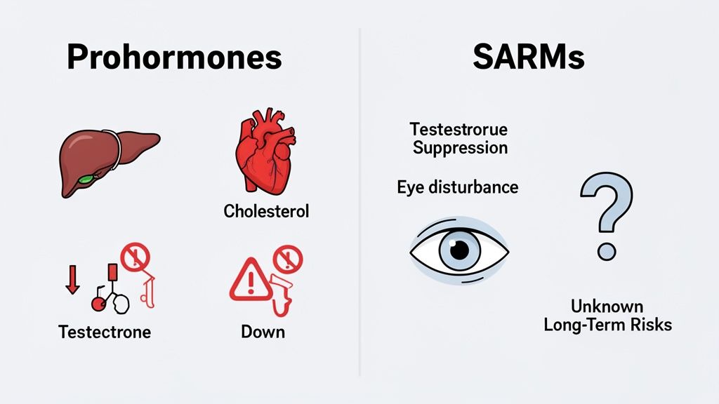 Comparison of Prohormones risks (liver, heart, cholesterol, testosterone effects) and SARMs risks (testosterone suppression, eye disturbance, unknown long-term risks).