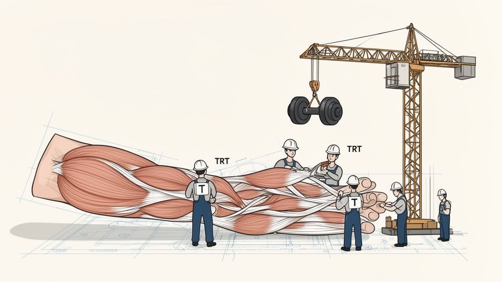Construction workers building an arm muscle, with TRT labels, a crane, and a dumbbell.