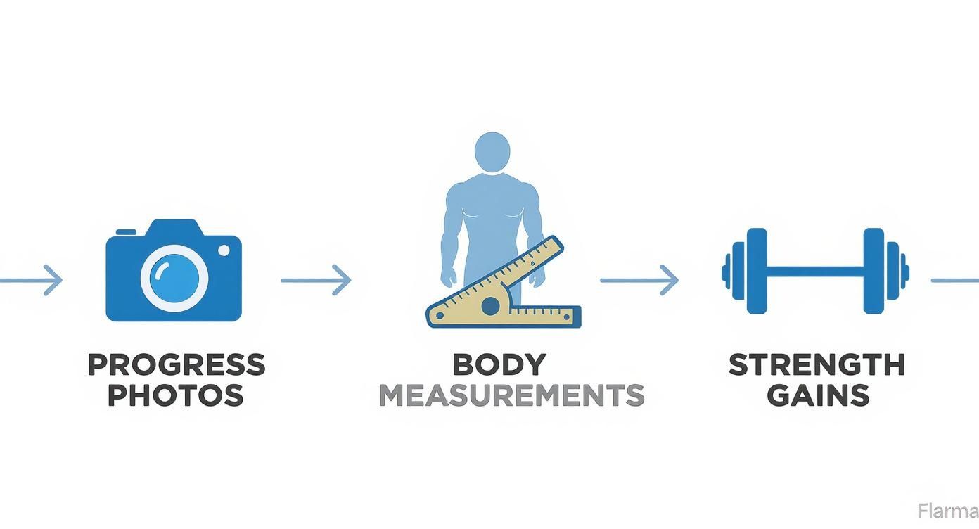 A graphic illustrating fitness tracking progression with icons for progress photos, body measurements, and strength gains.