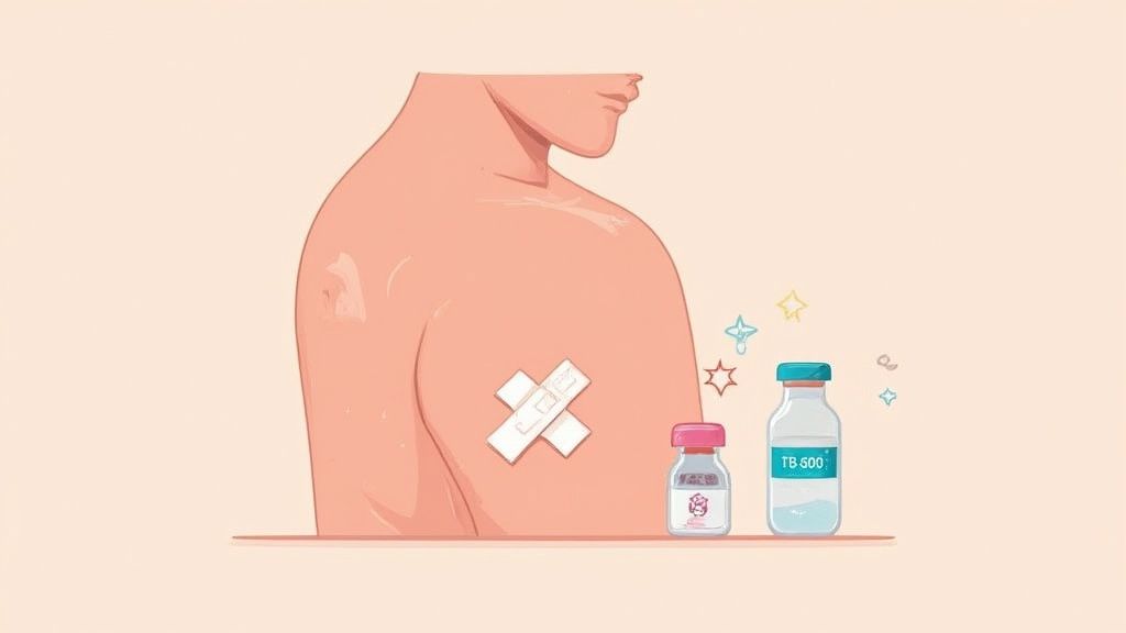 A person's shoulder with a bandage, beside two vials of medication including one labeled TB 500.