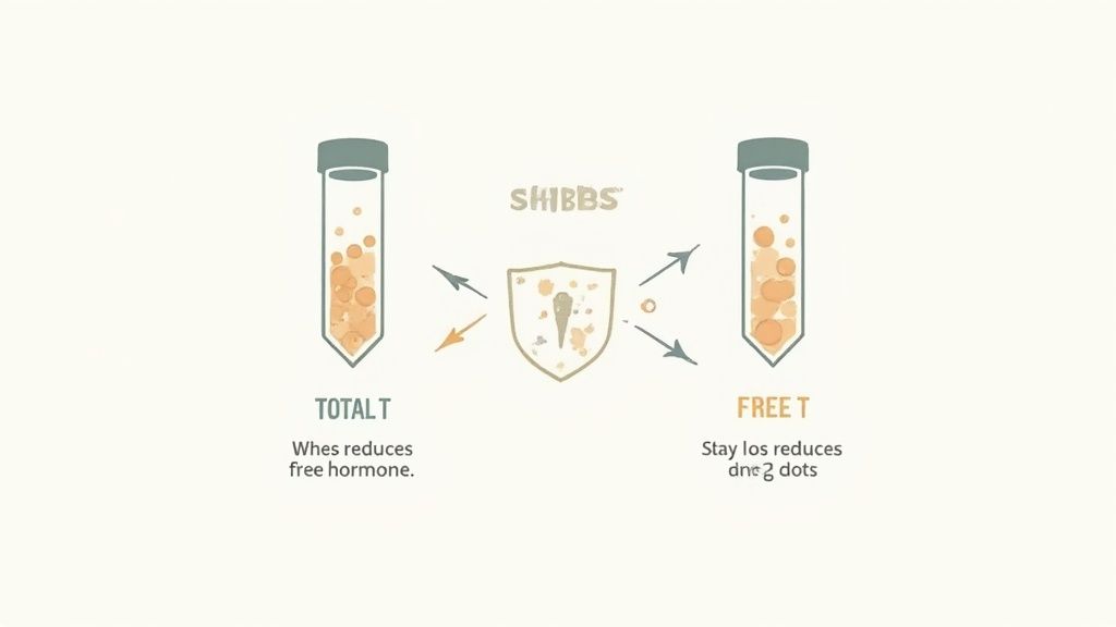 Diagram illustrating total and free testosterone levels in test tubes, influenced by a SHIBBS shield.