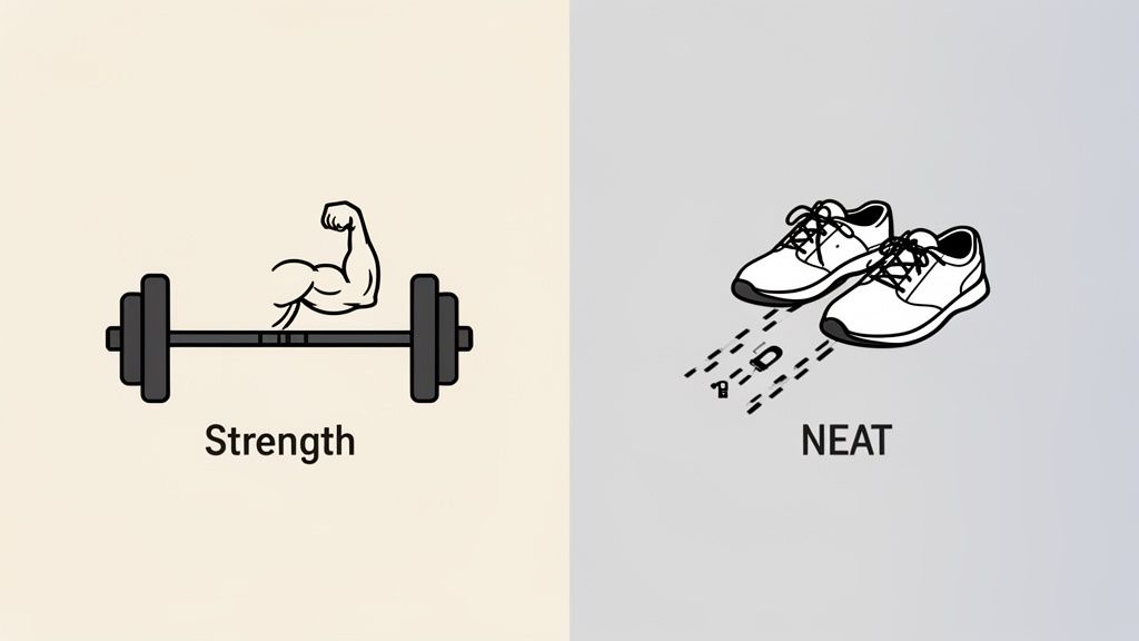 A split image comparing strength training (barbell, bicep) and NEAT (sneakers, movement) for fitness.