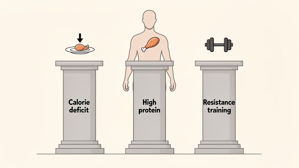 Three pillars illustrating calorie deficit, high protein, and resistance training for body recomposition.