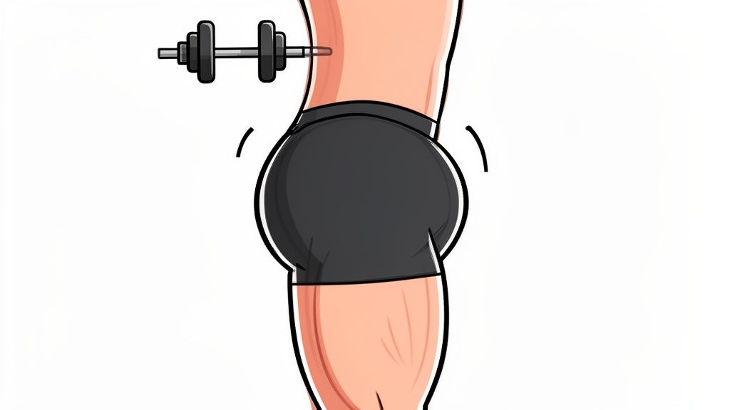 A person's lower body in black shorts, with a dumbbell near the lower back, suggesting a glute workout.