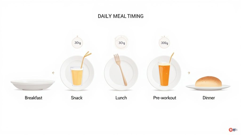 Diagram illustrating daily meal timing: Breakfast, Snack (30g), Lunch (30g), Pre-workout (300g), and Dinner.