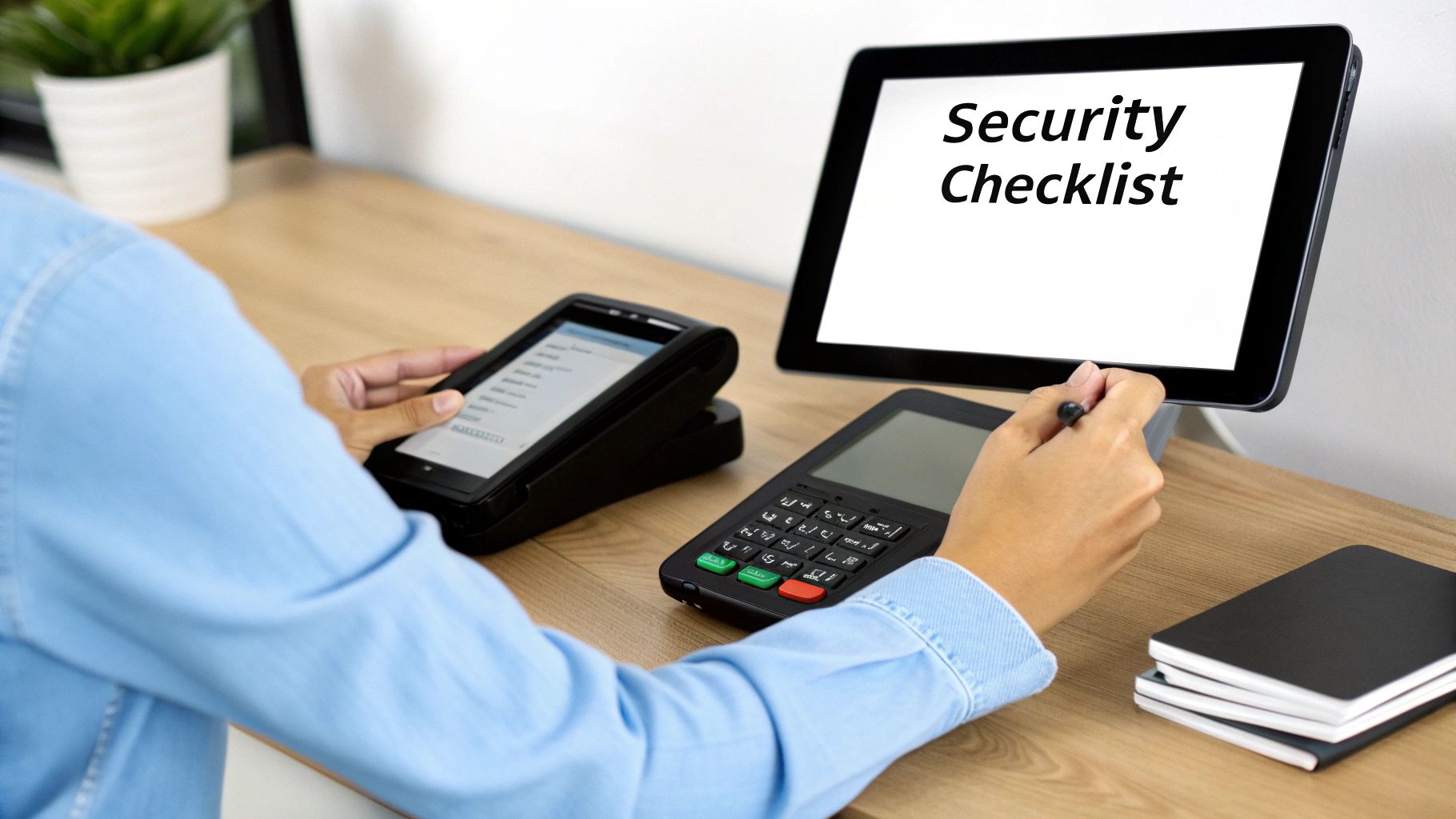 A close-up of a hardware wallet's screen showing a QR code, with a person's hand holding it.