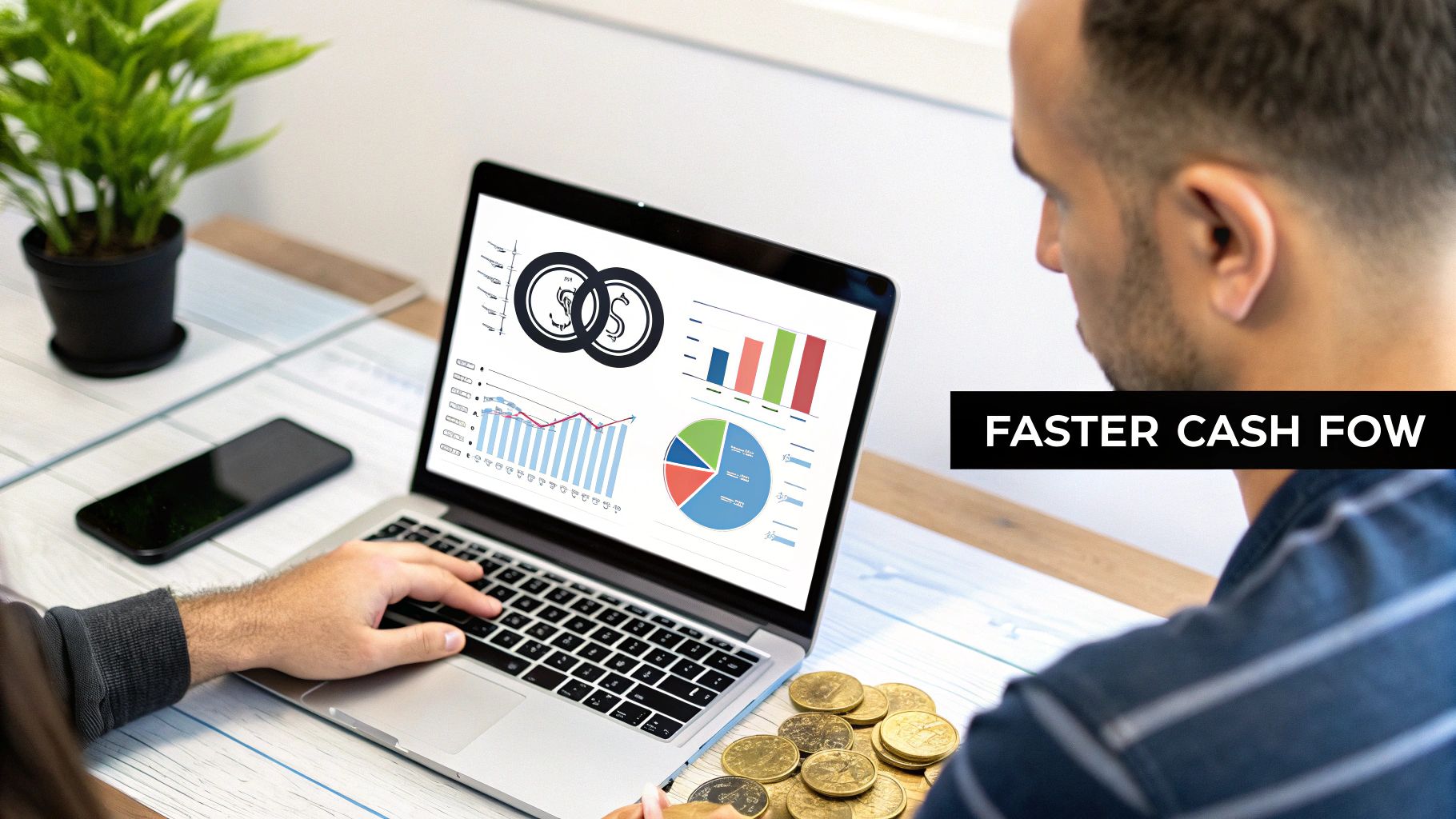 Man analyzing financial data on a laptop with charts, graphs, and a pile of gold coins, representing faster cash flow.