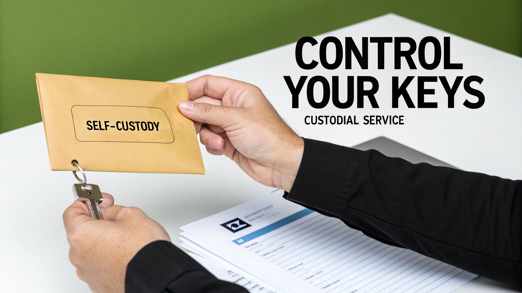 A person holds an envelope labeled 'SELF-CUSTODY' with a key, near text 'CONTROL YOUR KEYS'.