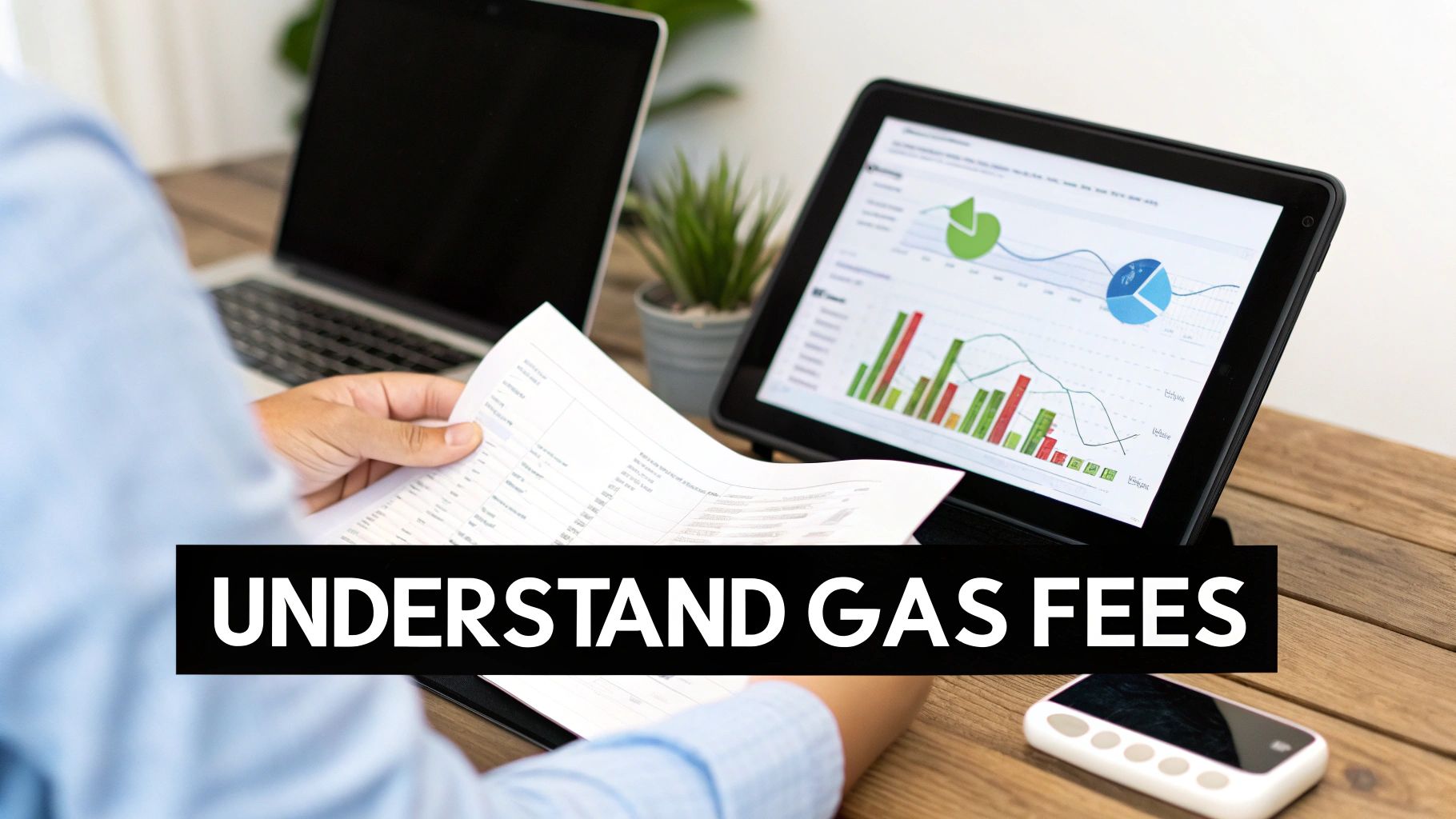 A person reviews financial documents and charts on a tablet and laptop, with a 'Understand Gas Fees' overlay.