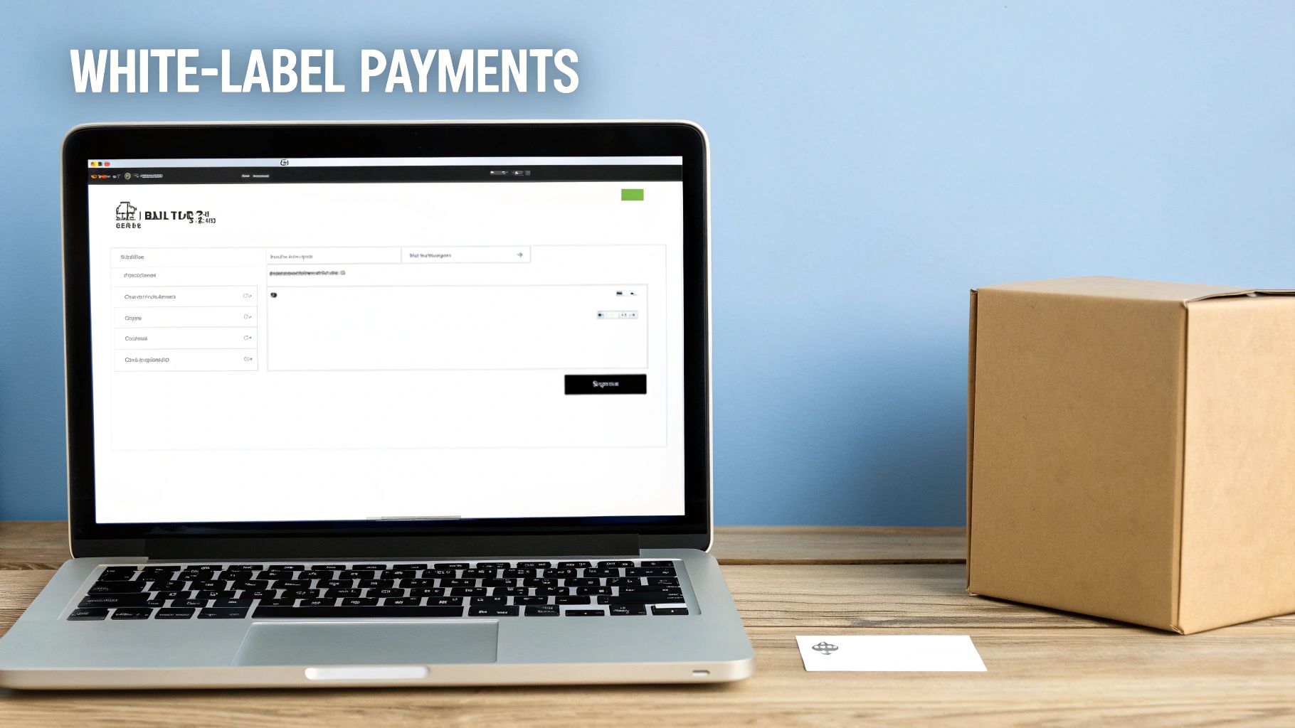 Laptop displaying a white-label payment gateway dashboard, with a shipping box and a small card.