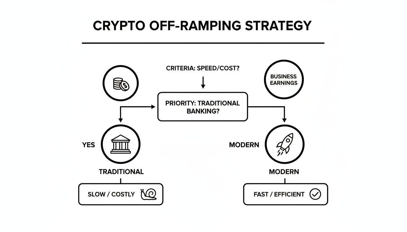 Flowchart detailing a crypto off-ramping strategy, comparing traditional banking with modern, fast, and efficient methods.